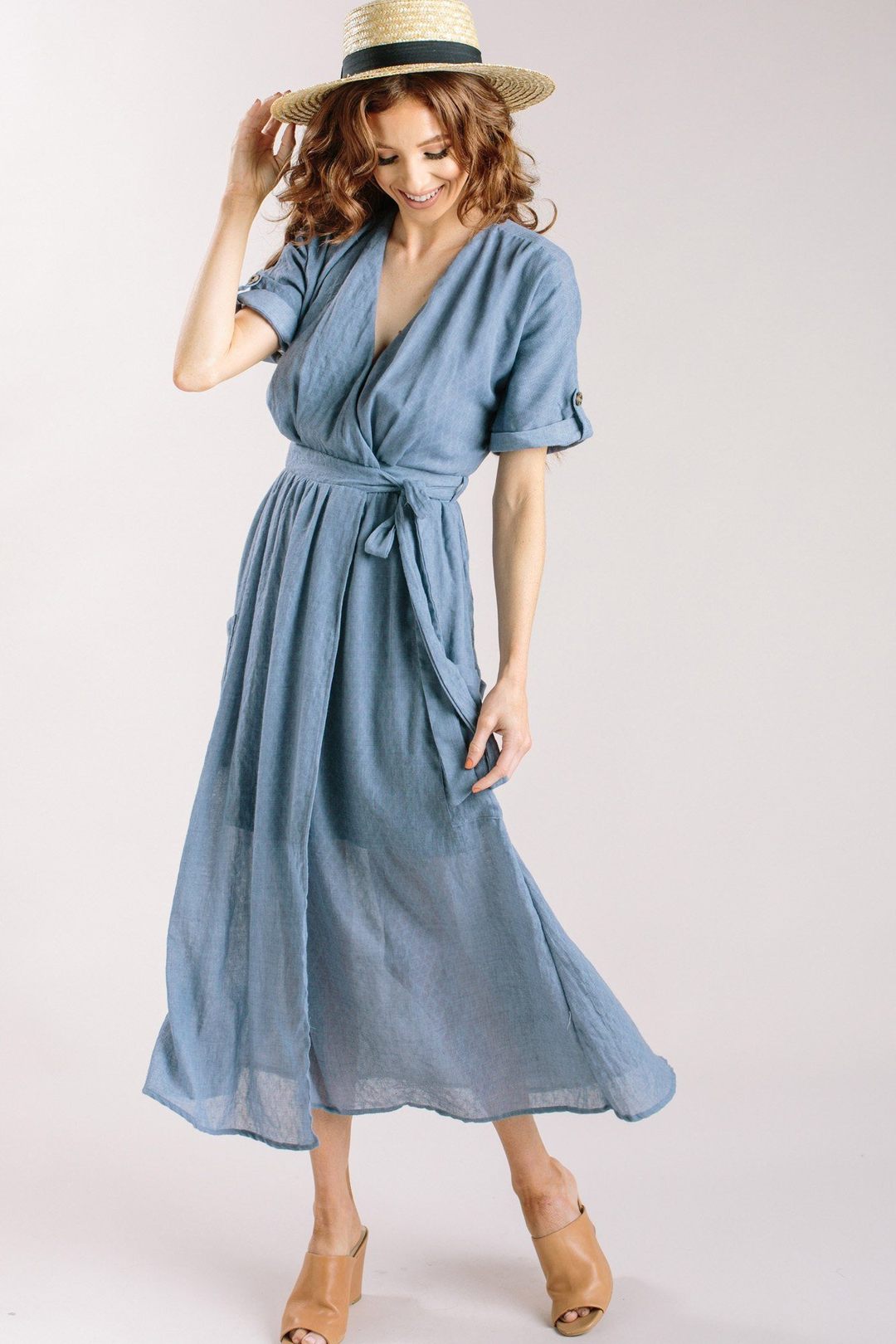 Morning Lavender Blue Flowy Midi Dress for Engagement Session