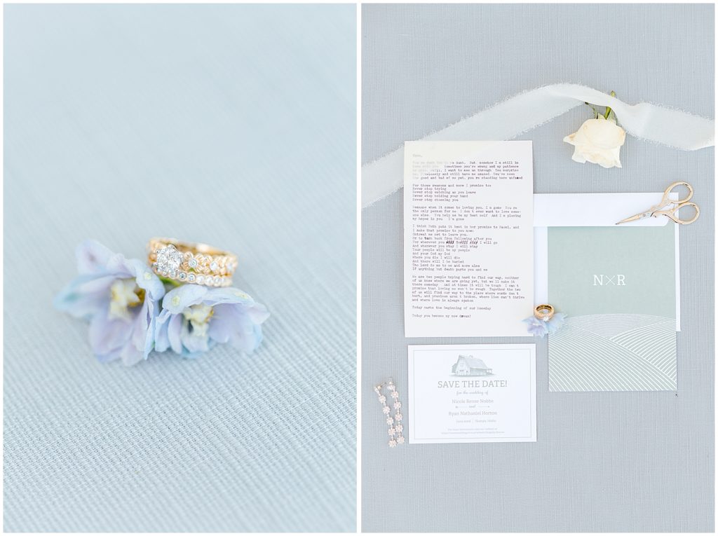 Ring and Invitation Suite Detail Shot Dusty Blue