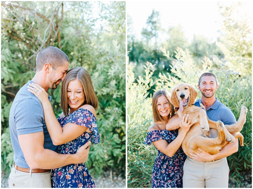 Boise River Engagement with a golden retriever puppy