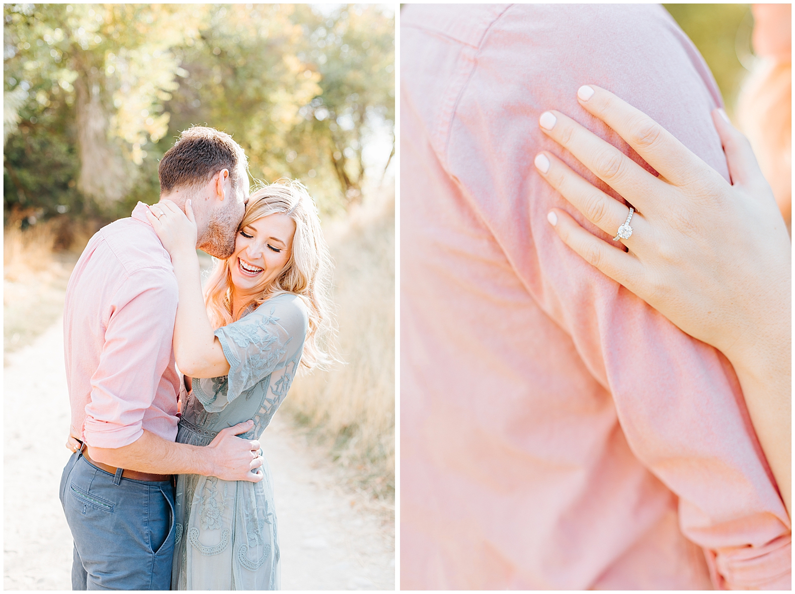 Dreamy Engagement Session Outfit: blue lacy dress and pink shirt