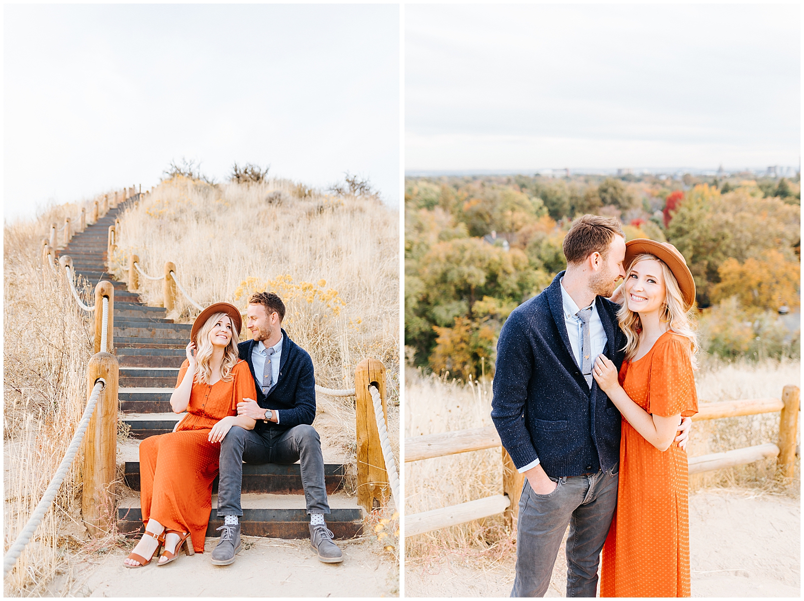 Fall engagement photo outfits: burnt orange dress and hat with navy sweater