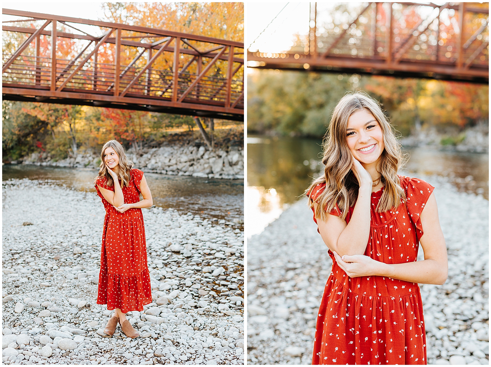 Boise River Fall Senior Photos in Red Dress