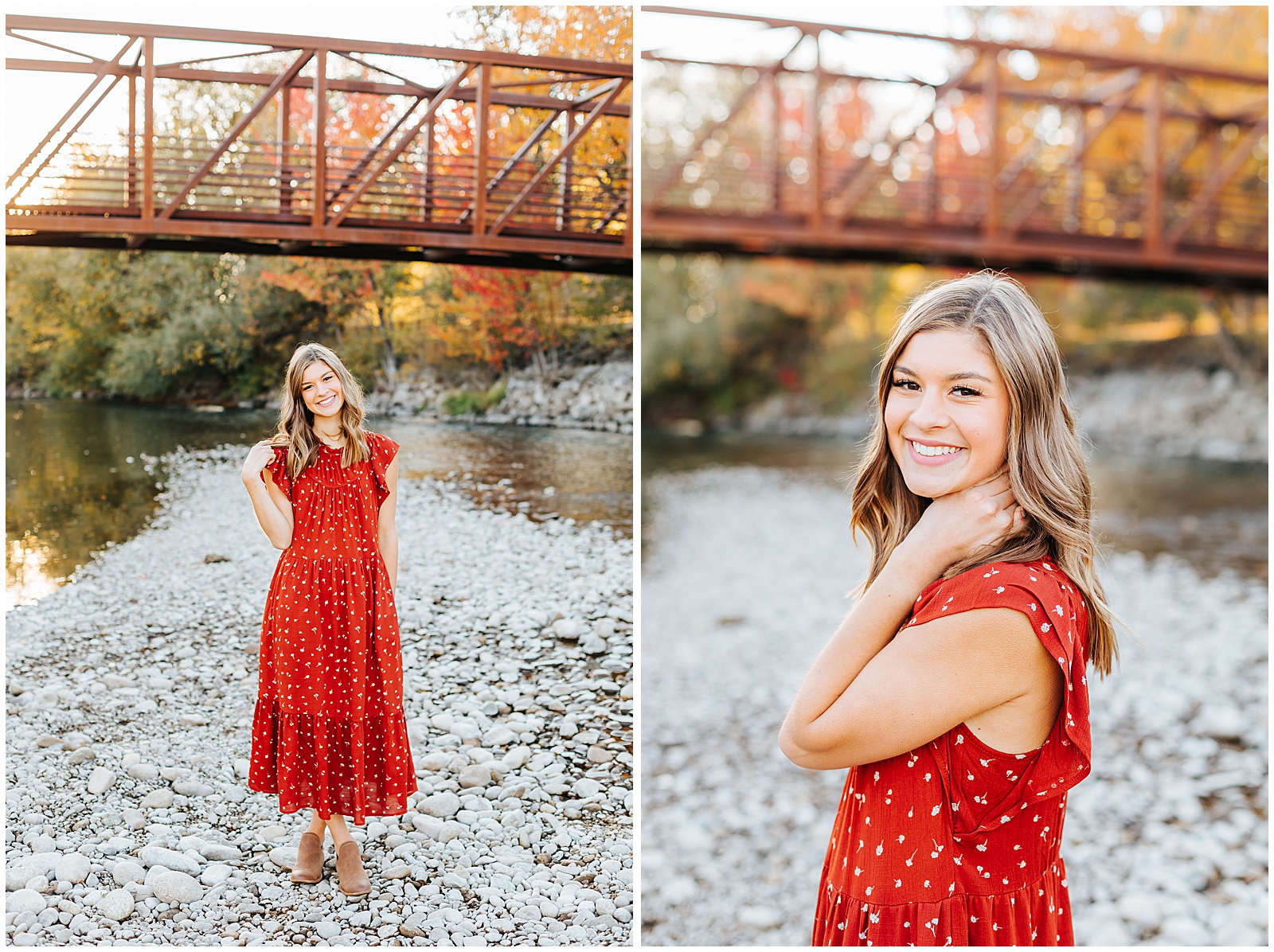 Fall Senior Photos on Boise River Burgundy Dress