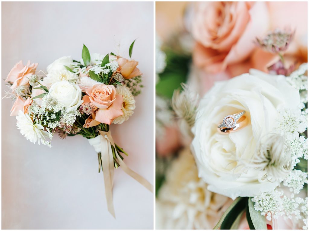 Dusty Rose bouquet by Wildflower Floral Co and Ring detail