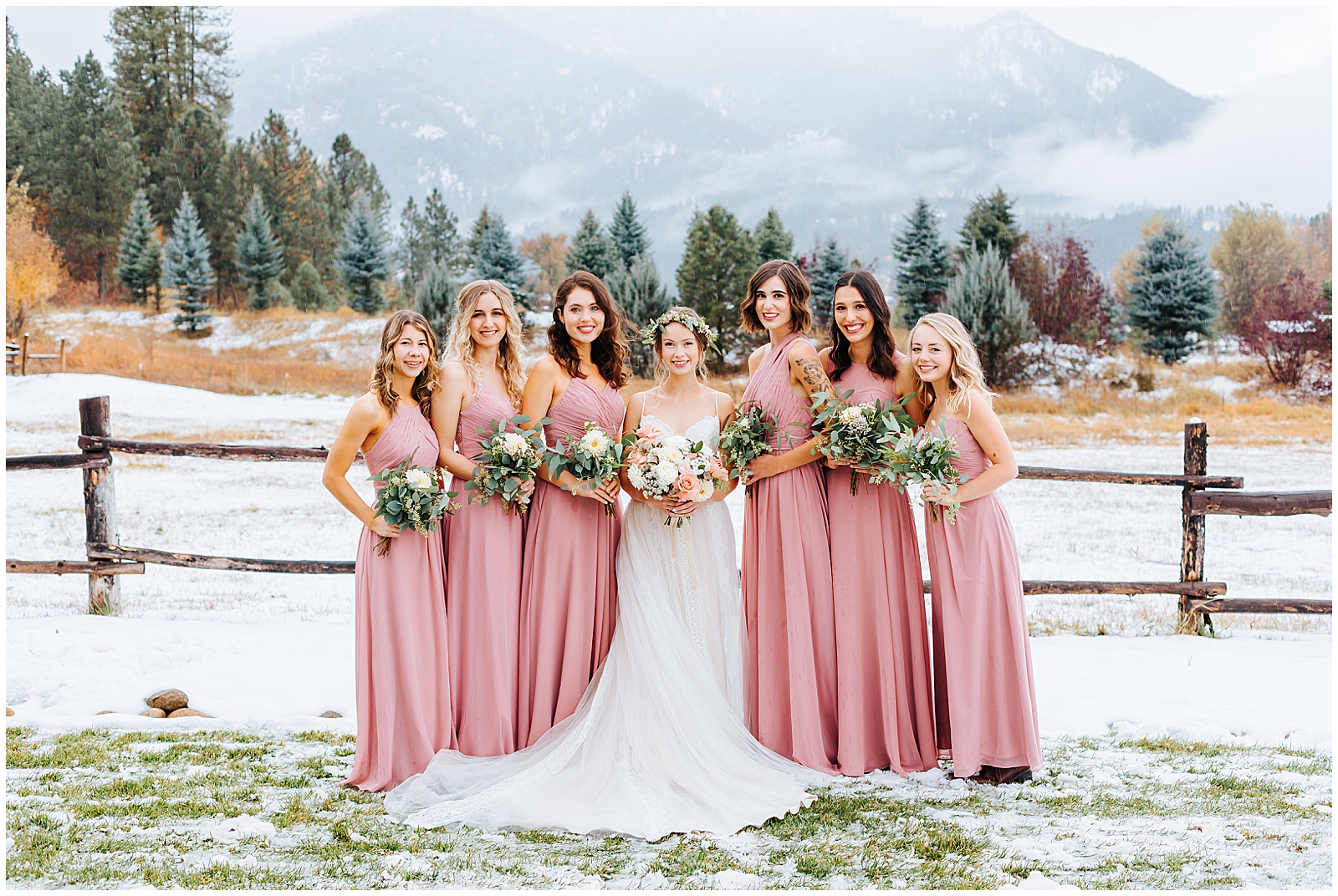 Dusty Rose Bridesmaids Dresses at Fall Rainy Sixty Chapel Mountain Wedding