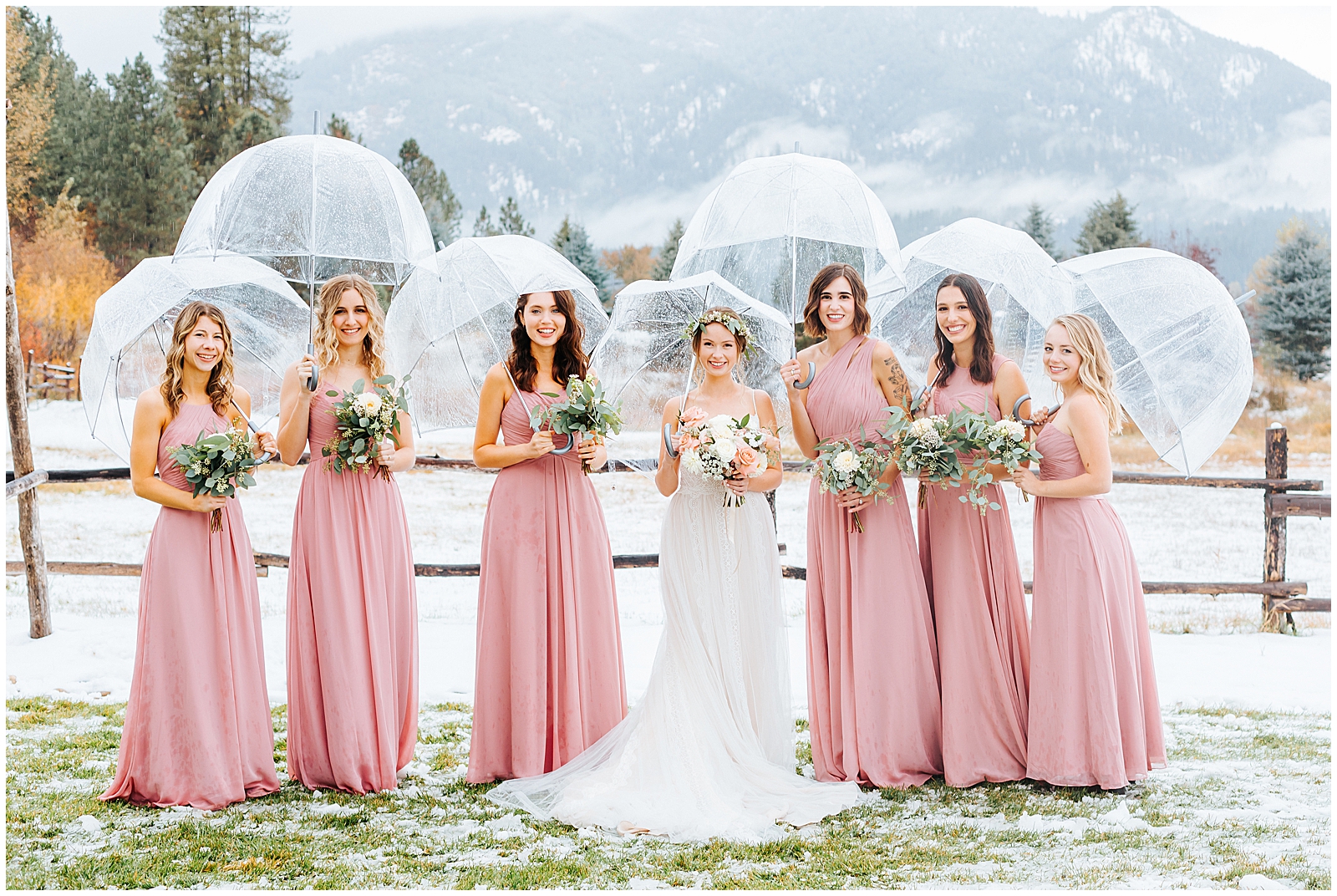 Dusty Rose Bridesmaids Dresses at Rainy Wedding with clear umbrellas