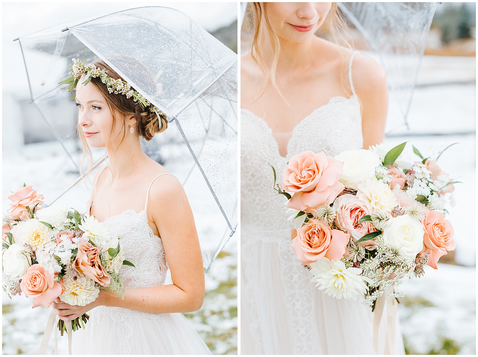 Dusty Rose Wedding Bouquet and Bride on rainy wedding day with clear umbrella