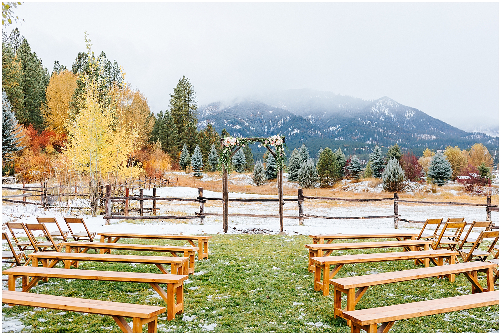 Stunning Mountain backdrop at Sixty Chapel Fall Wedding Ceremony