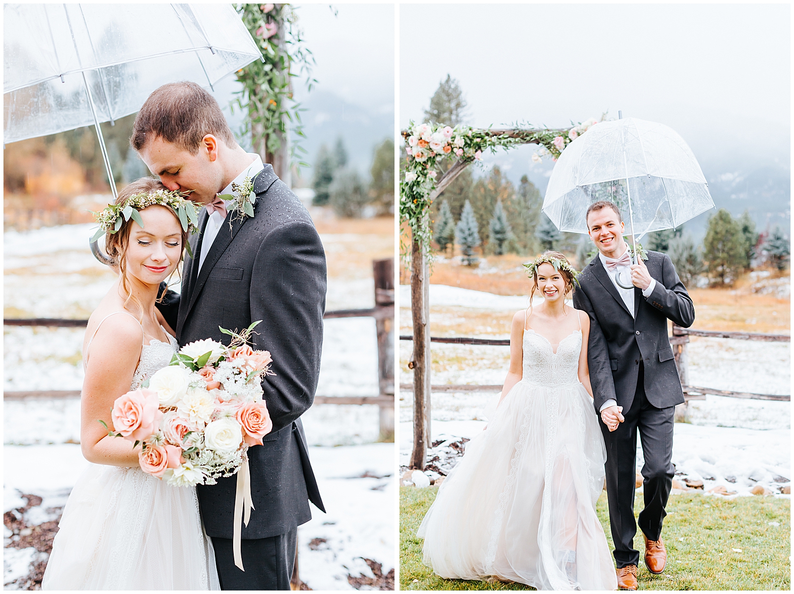Rainy Fall Mountain Wedding with Clear Umbrellas