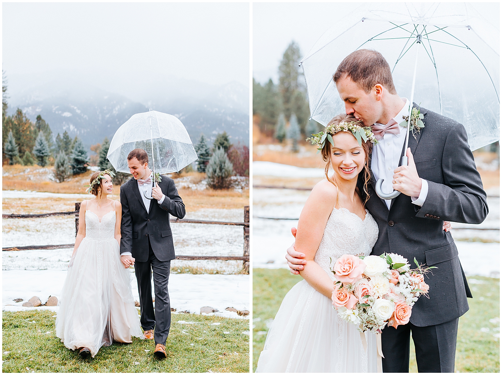 Wedding Portraits in the rain with Clear Umbrellas