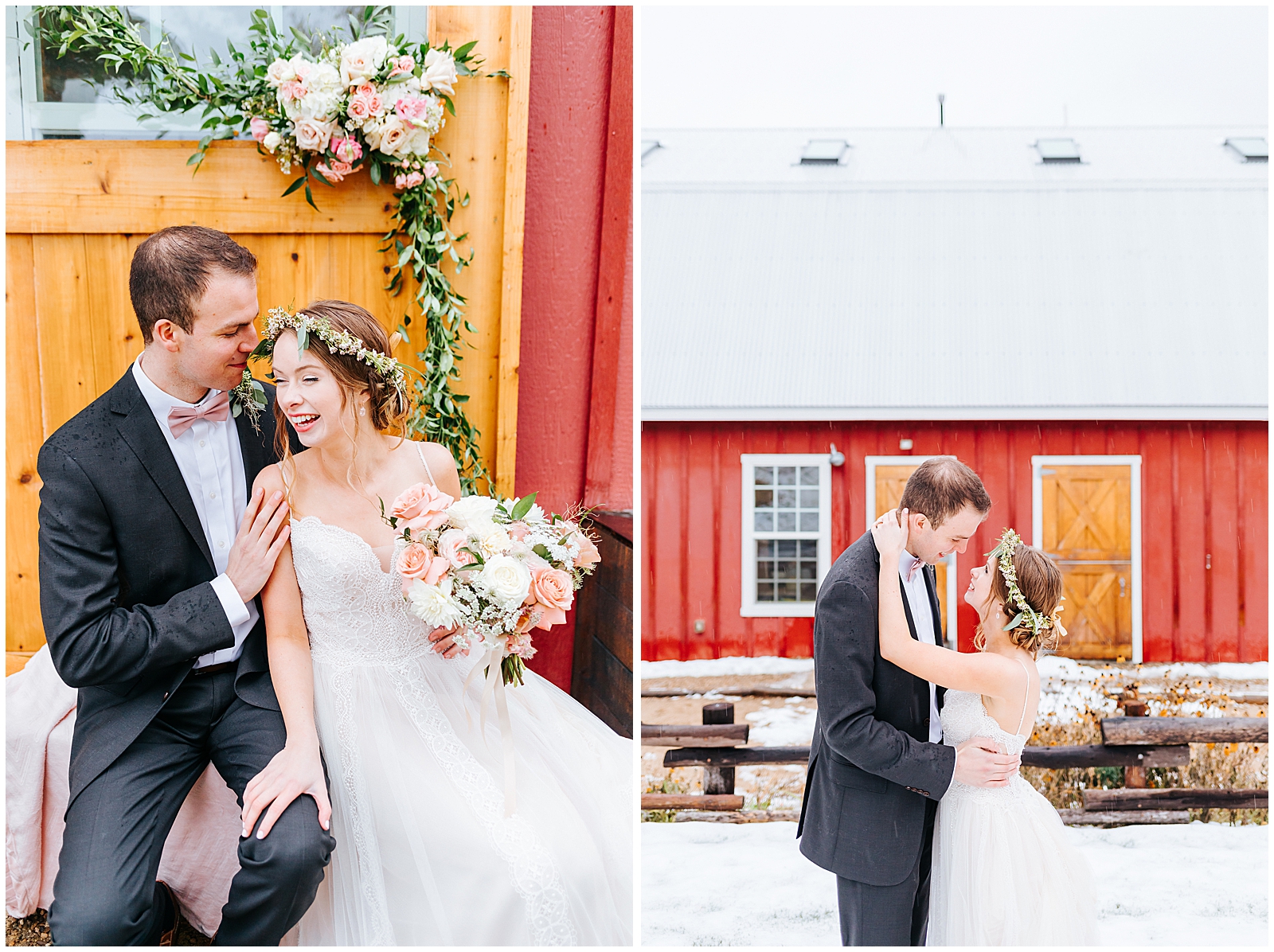 Fall Snowy Wedding at Sixty chapel Red Barn Bride and Groom Portraits