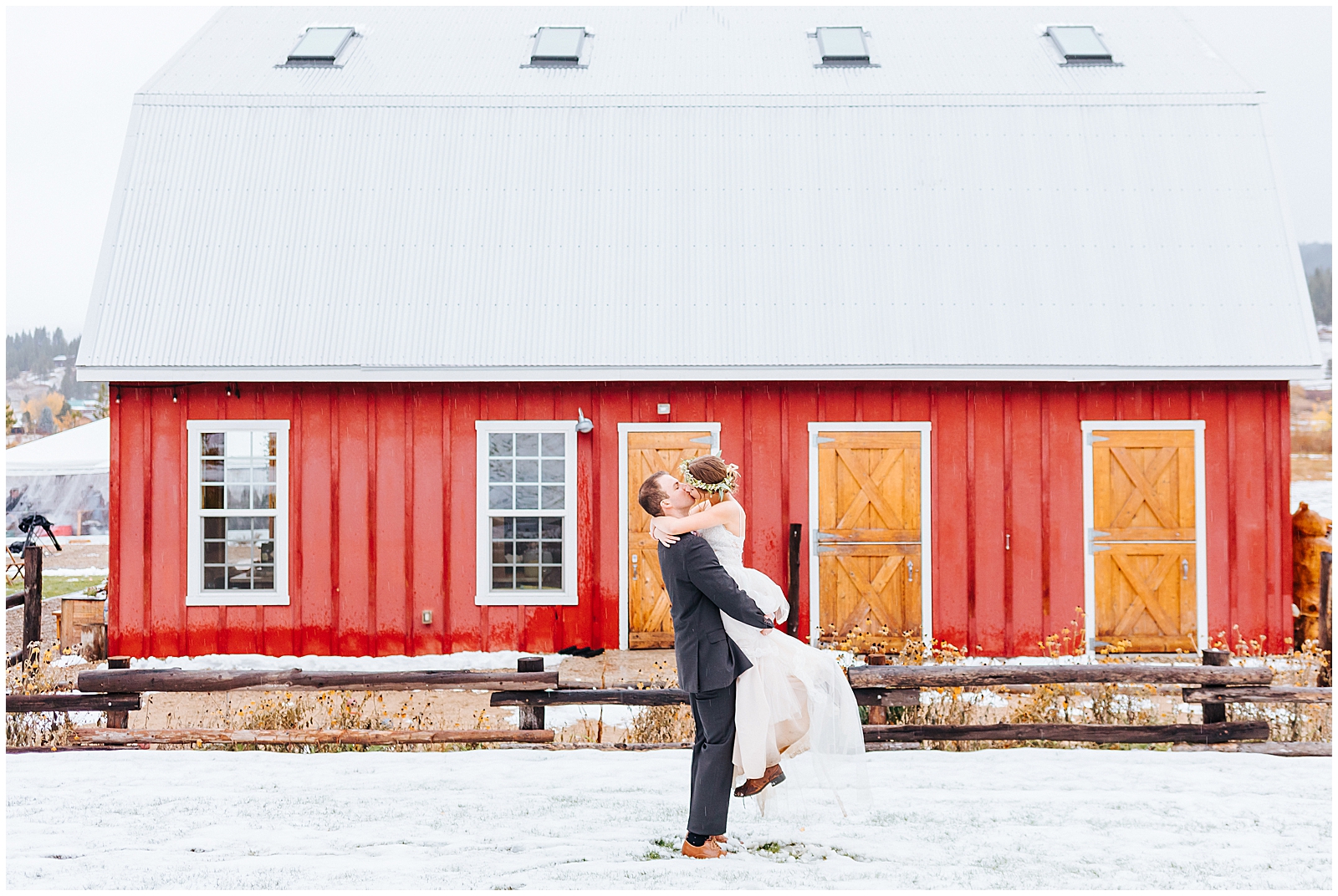 Snowy Red Barn Wedding Portrait at Sixty Chapel