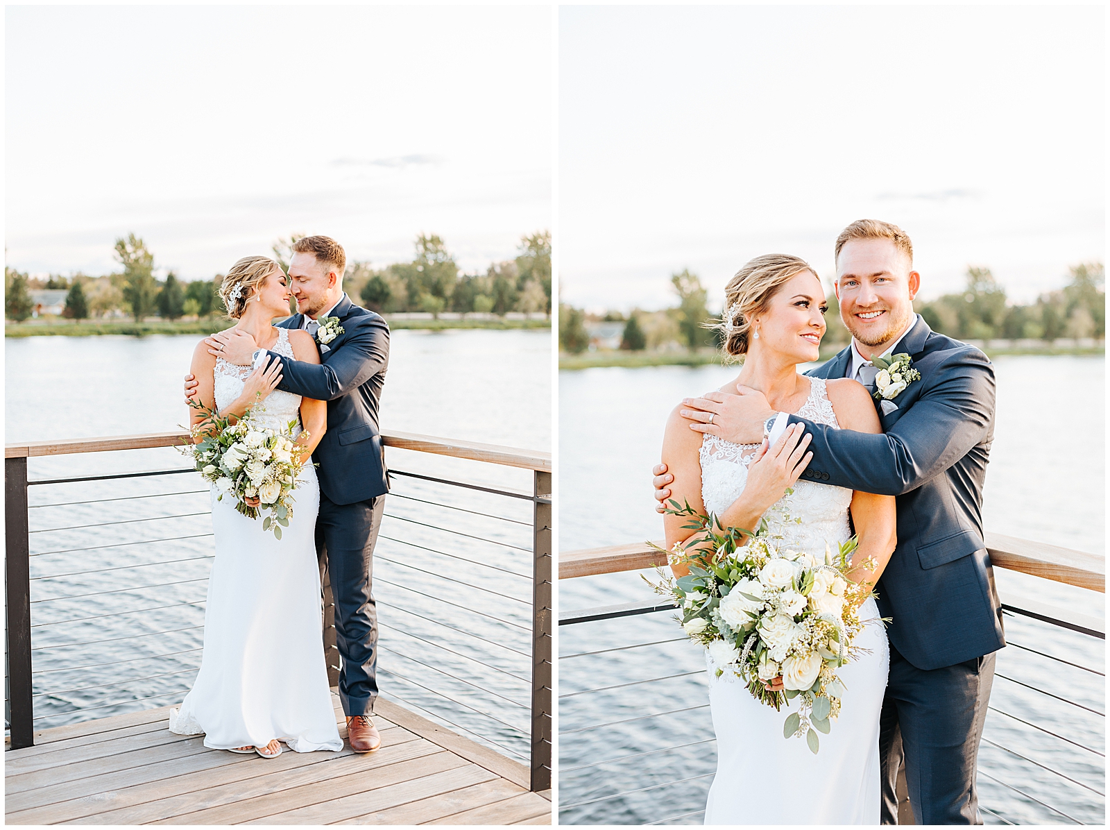 Golden Hour Bride and Groom Portraits by the Lake