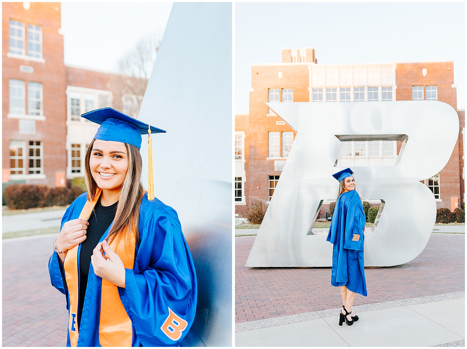 Cap and Gown in front of the B at Boise State