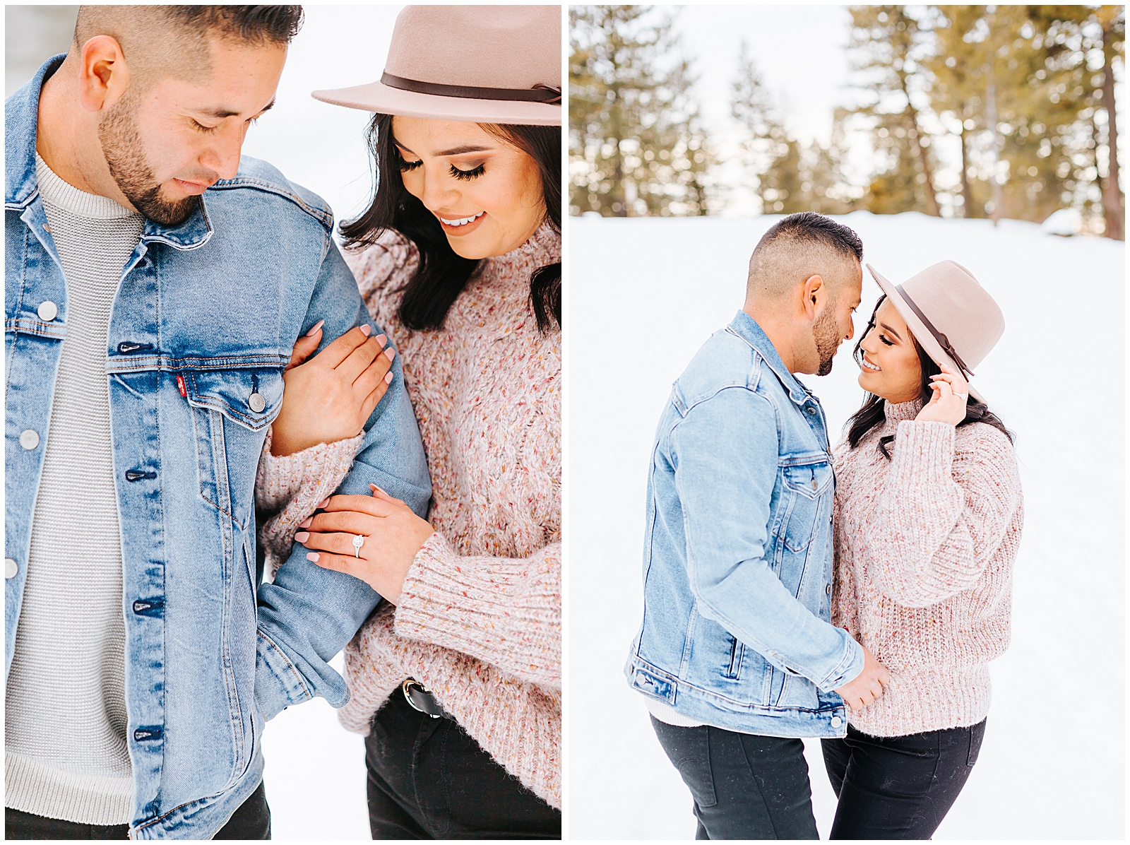 Bogus Basin Winter Engagement Session Trendy hat, blush, and blue