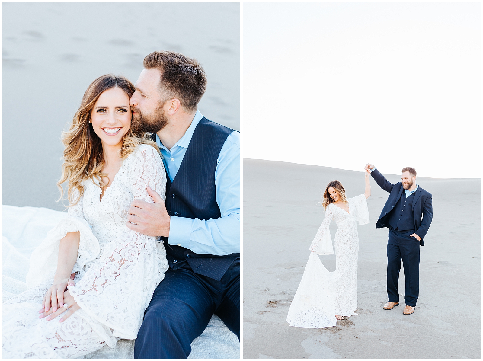 Romantic Sand Dunes Engagement Photos in White dress and Navy suit