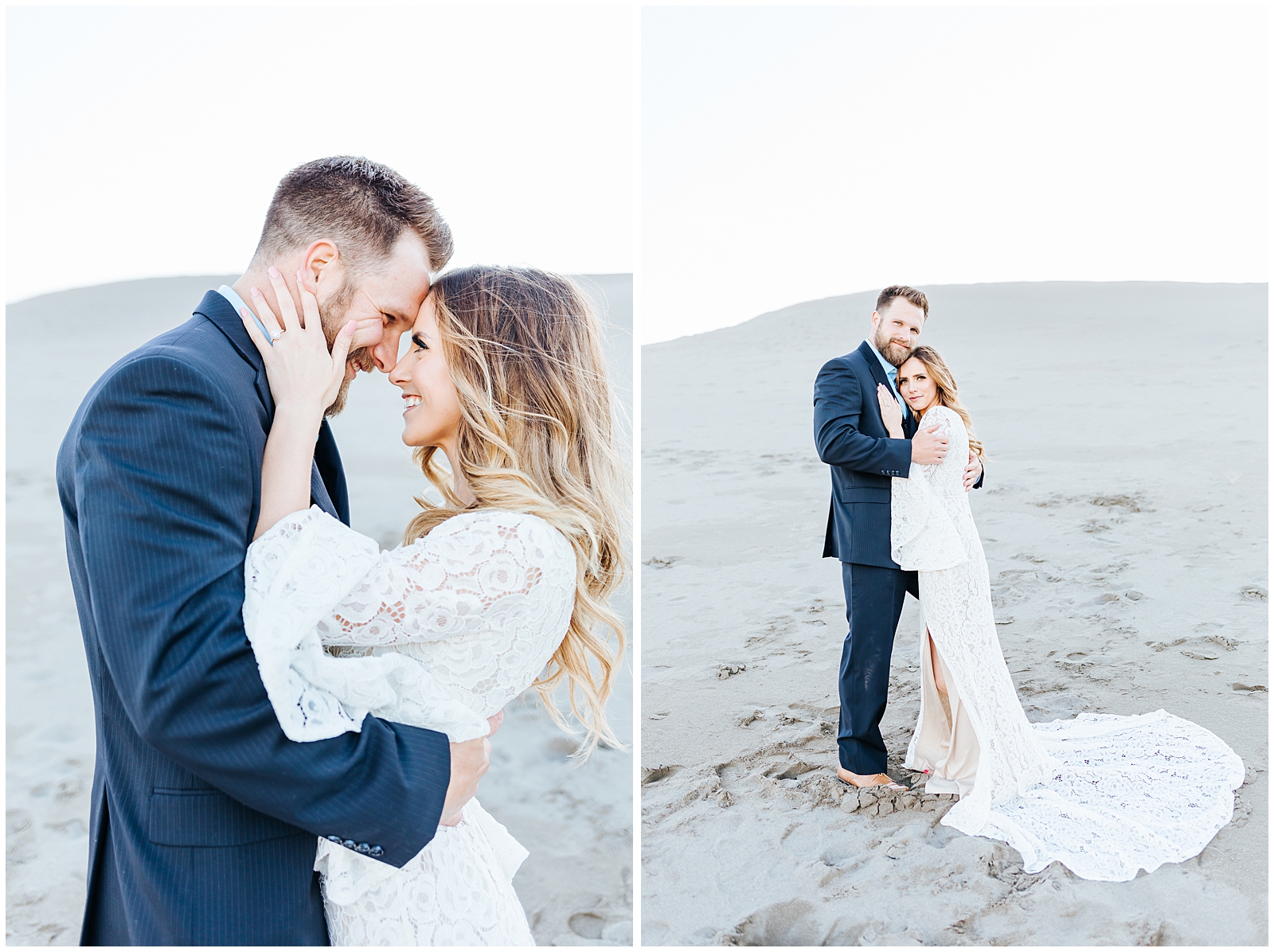 Dreamy Light and Airy Engagement Photos in White Dress and Navy Suit at the Sand Dunes