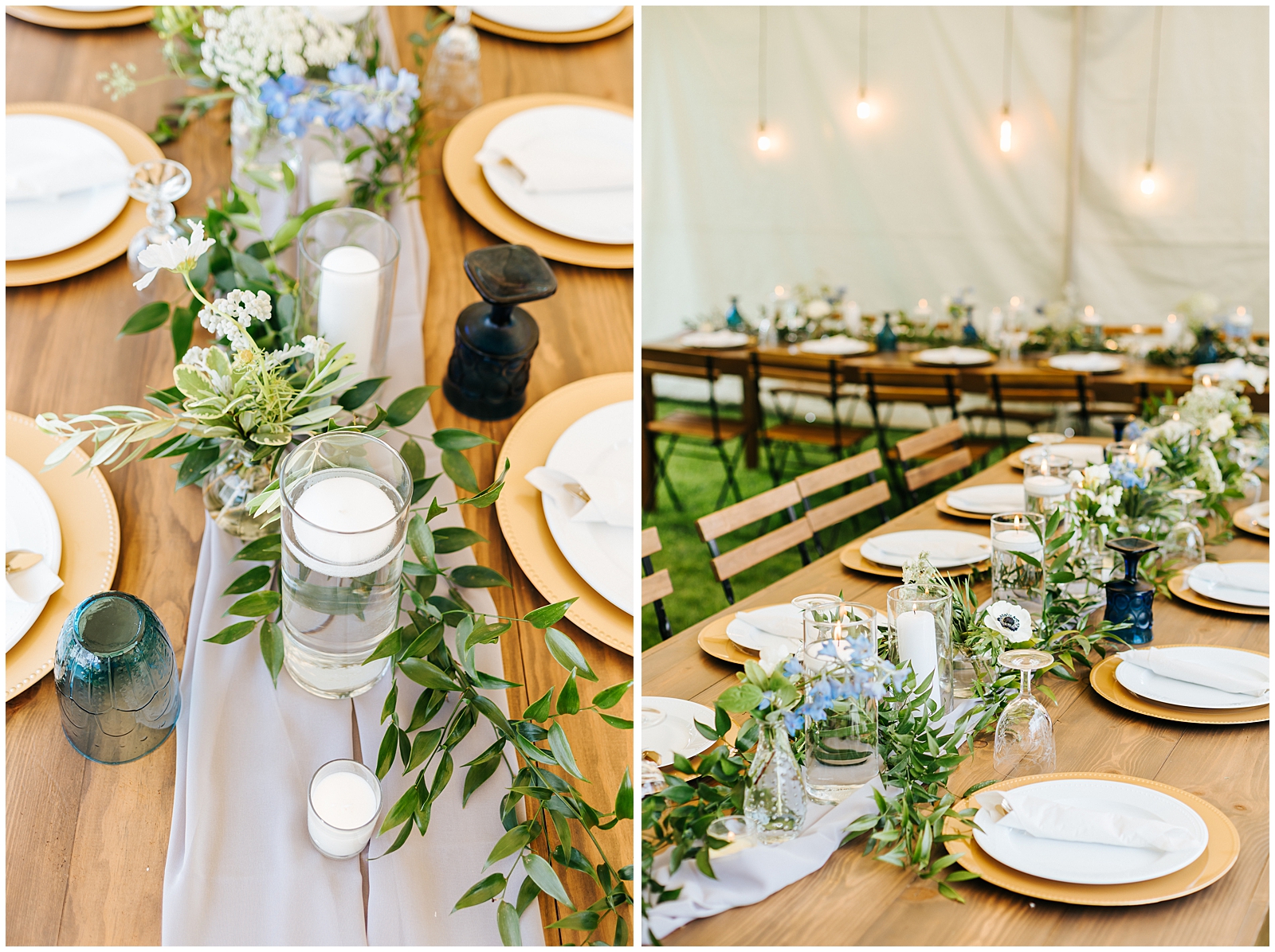 Tented Backyard Wedding Dinner with Farm Tables, Bistro Chairs, and Greenery