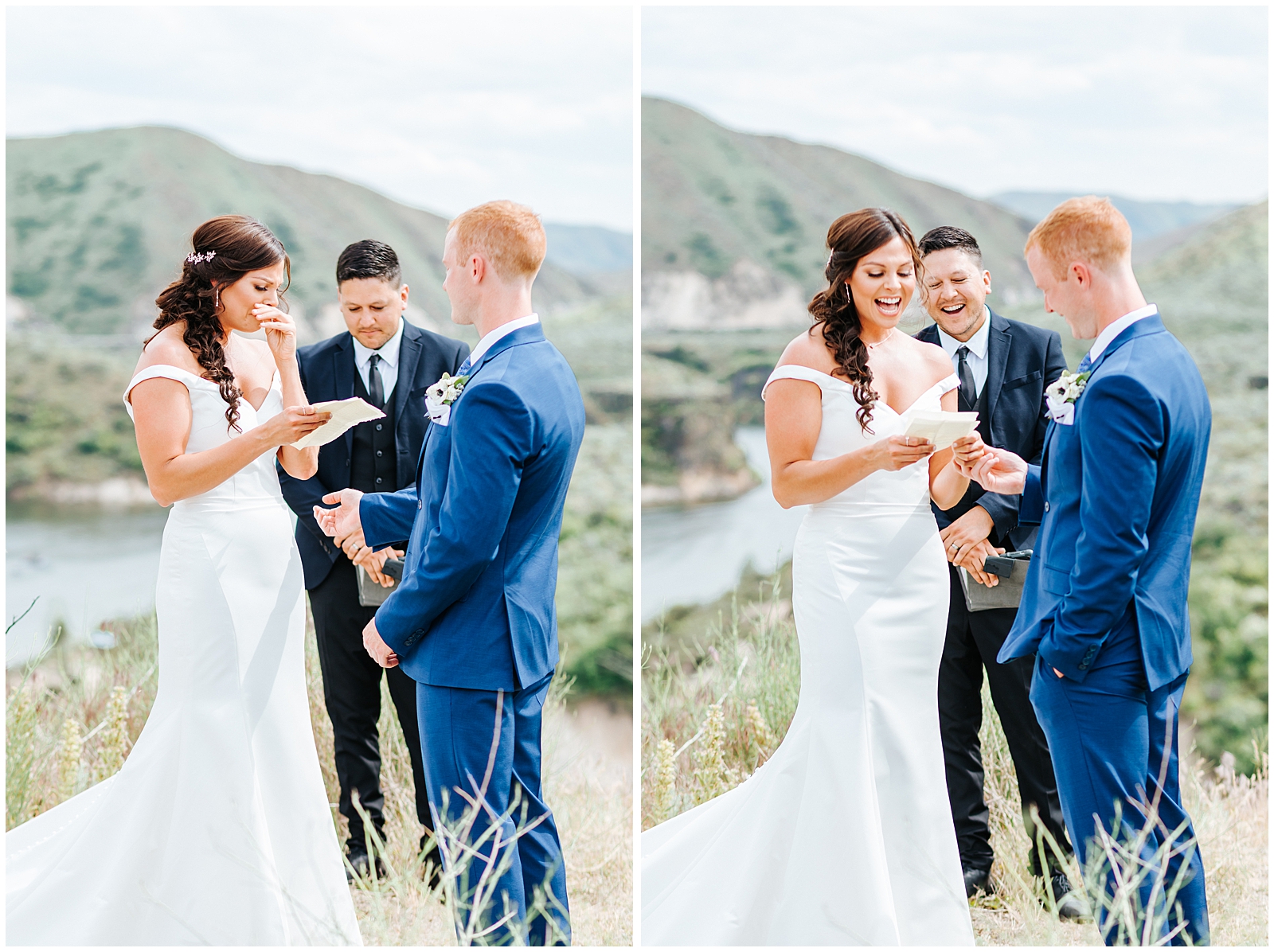 Bride reading her vows at ceremony crying and laughing at gorgeous Boise Foothills Wedding overlooking Lucky Peak Reservoir