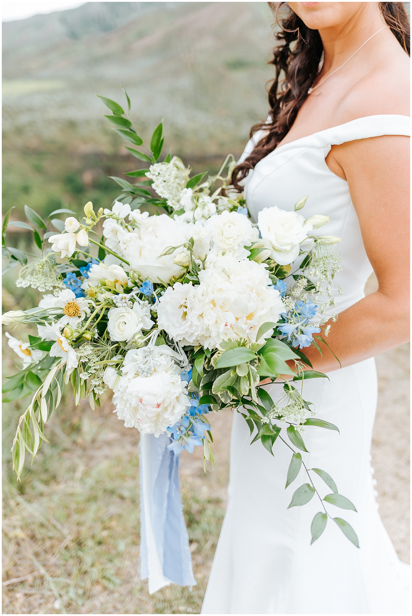 Gorgeous Large Bridal Bouquet with White and hints of Dusty Blue by Petal Works Design