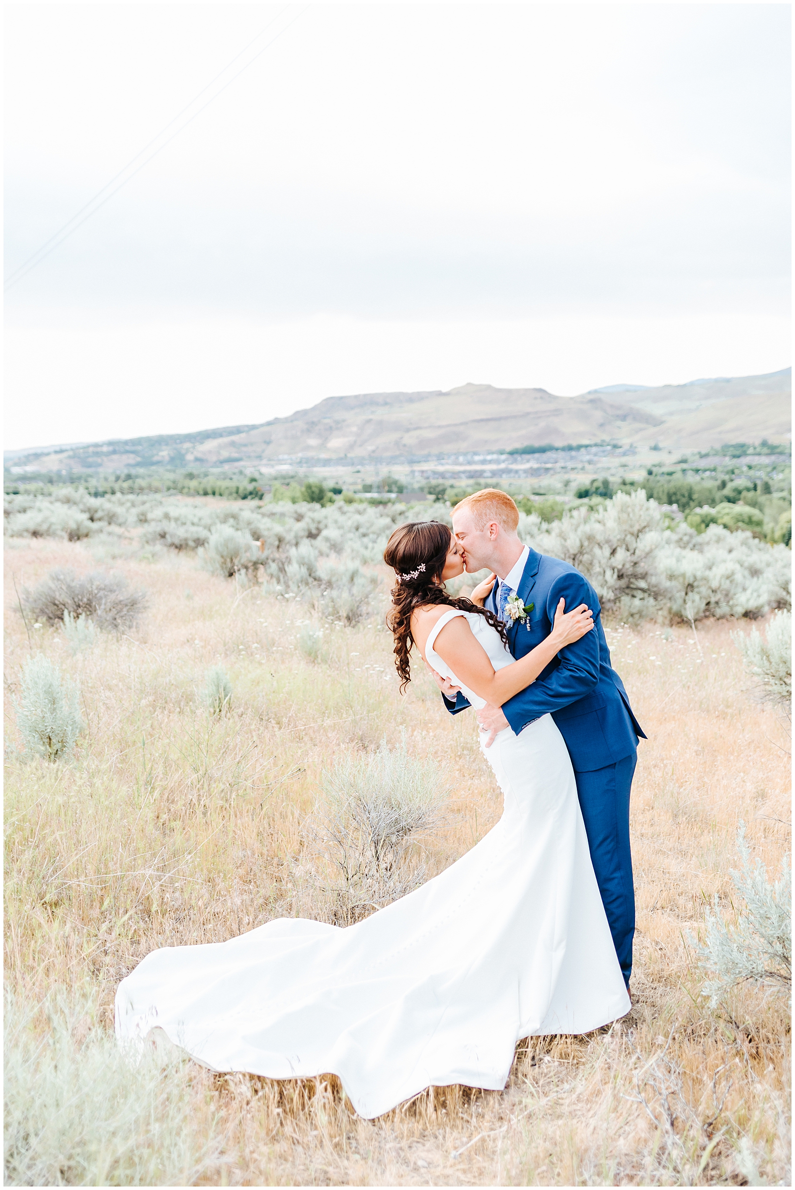 Boise Foothills Wedding with Classic Satin Dress and Navy Suit