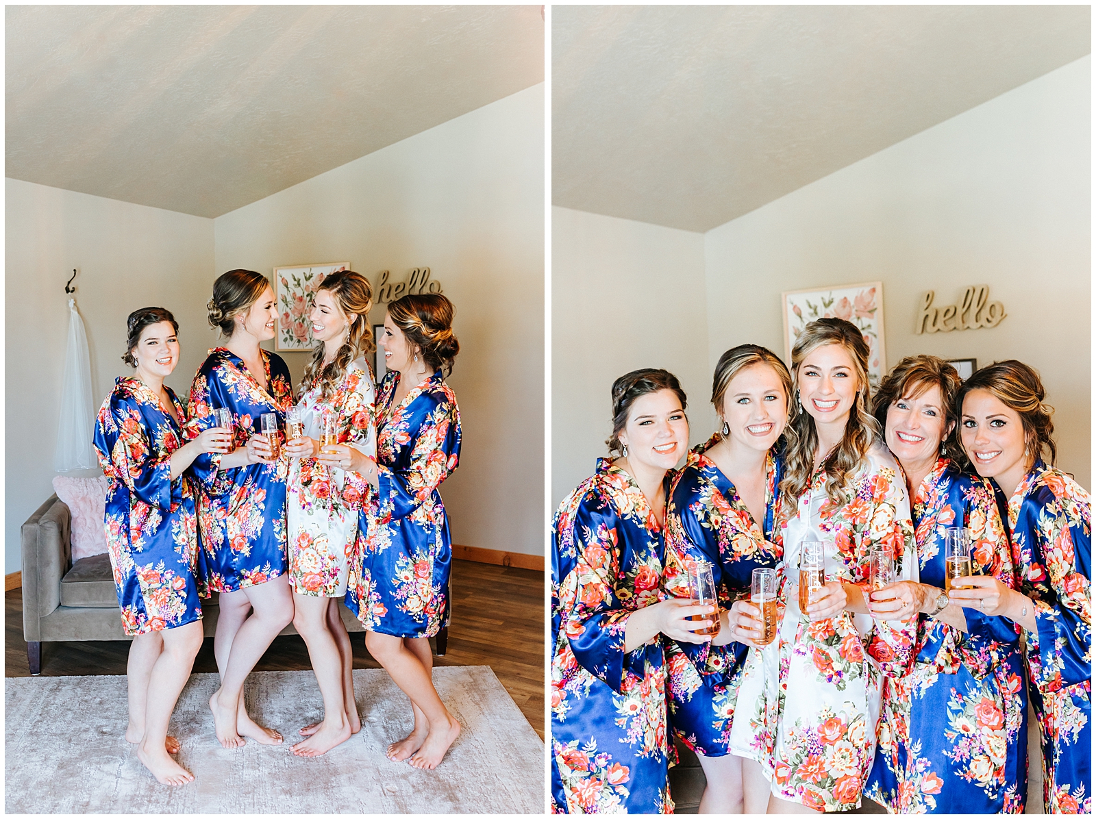 Bridesmaids Getting Ready in Floral Robes with Champagne