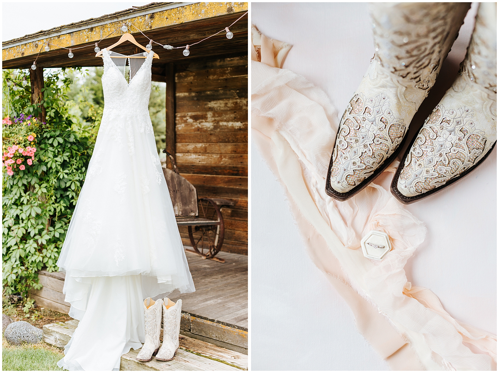 Rustic Chic Still Water Hollow Wedding Dress hanging with Bridal Cowboy Boots