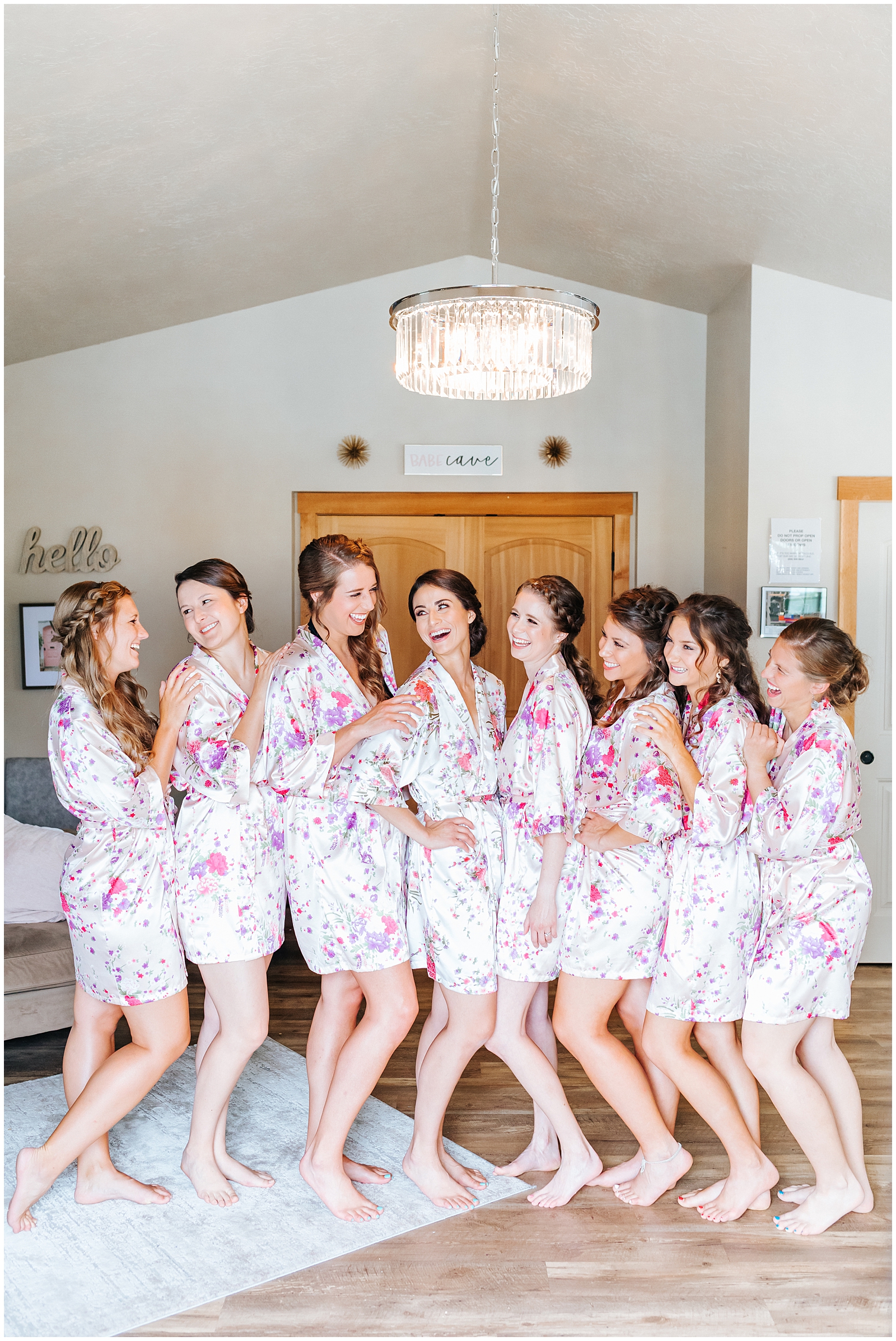 Bridesmaids Getting Ready in Floral Robes on the Wedding Day