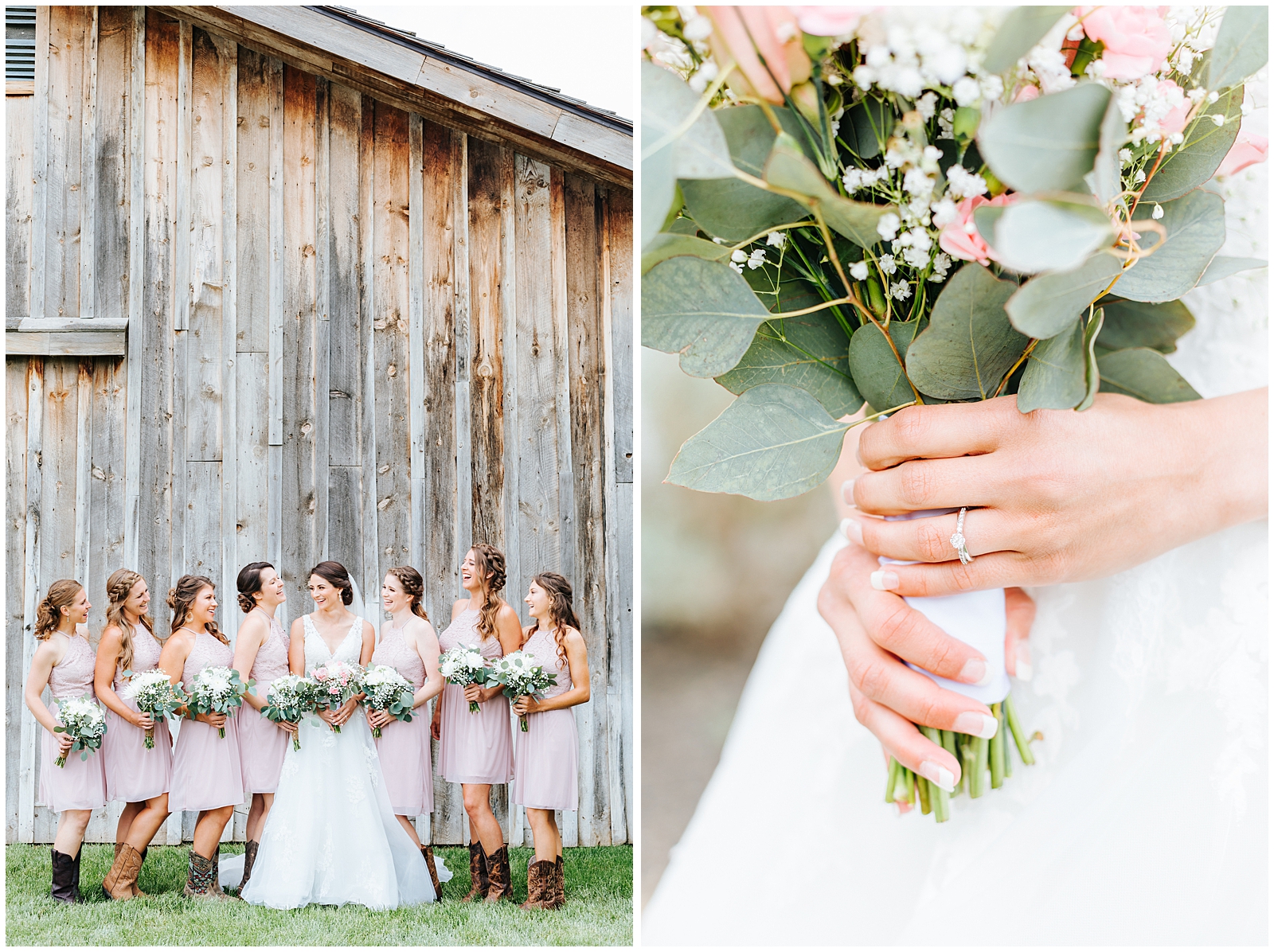 Bridesmaids in blush dresses with cowboy boots and bride's bouquet detail