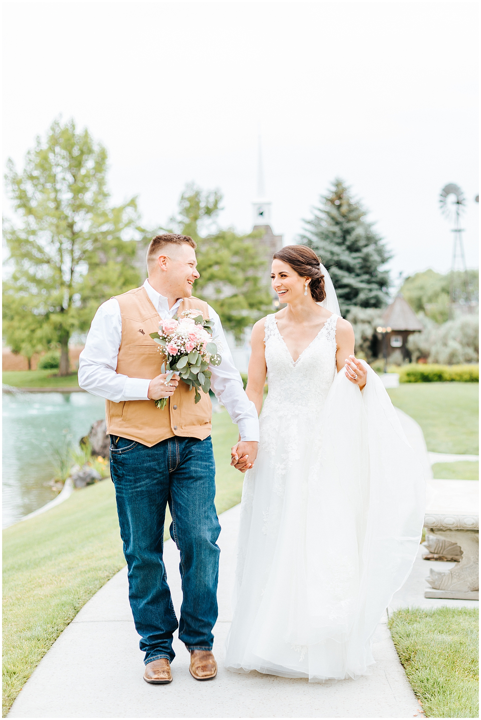 Bride and Groom Walking and laughing at Still Water Hollow Wedding Venue in Nampa, Idaho