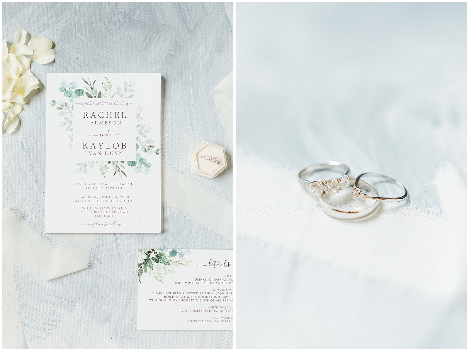 Wedding Invitation Flatlay and Ring Details on Dusty Blue Mat