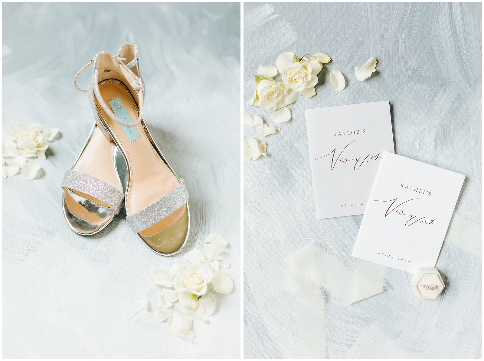 Wedding Details Flatlay Bride's Betsey Johnson Shoes and custom vow books
