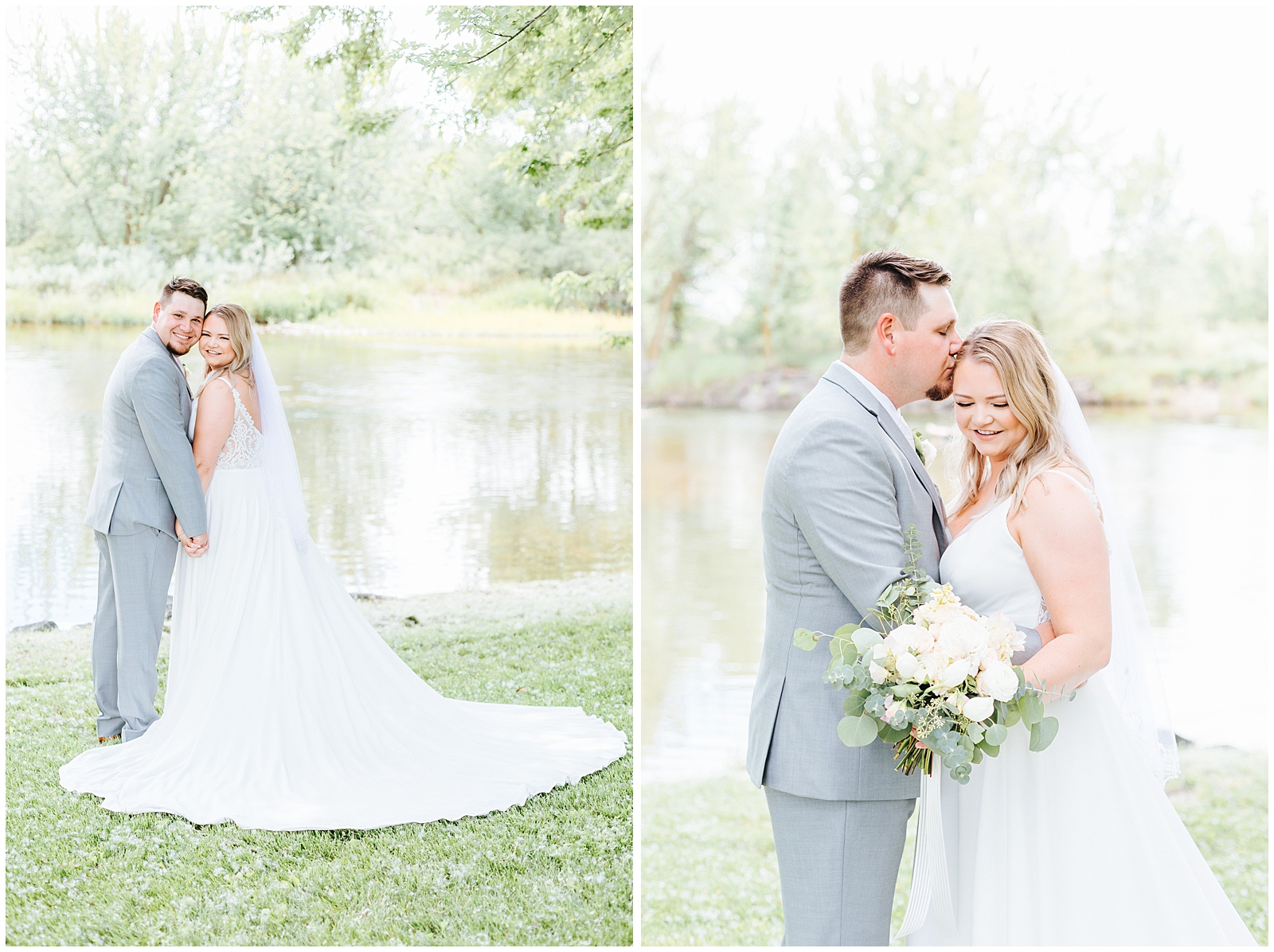 Classic Grey Suit and White florals in Bride and Groom Portraits at White Willow Estate Wedding