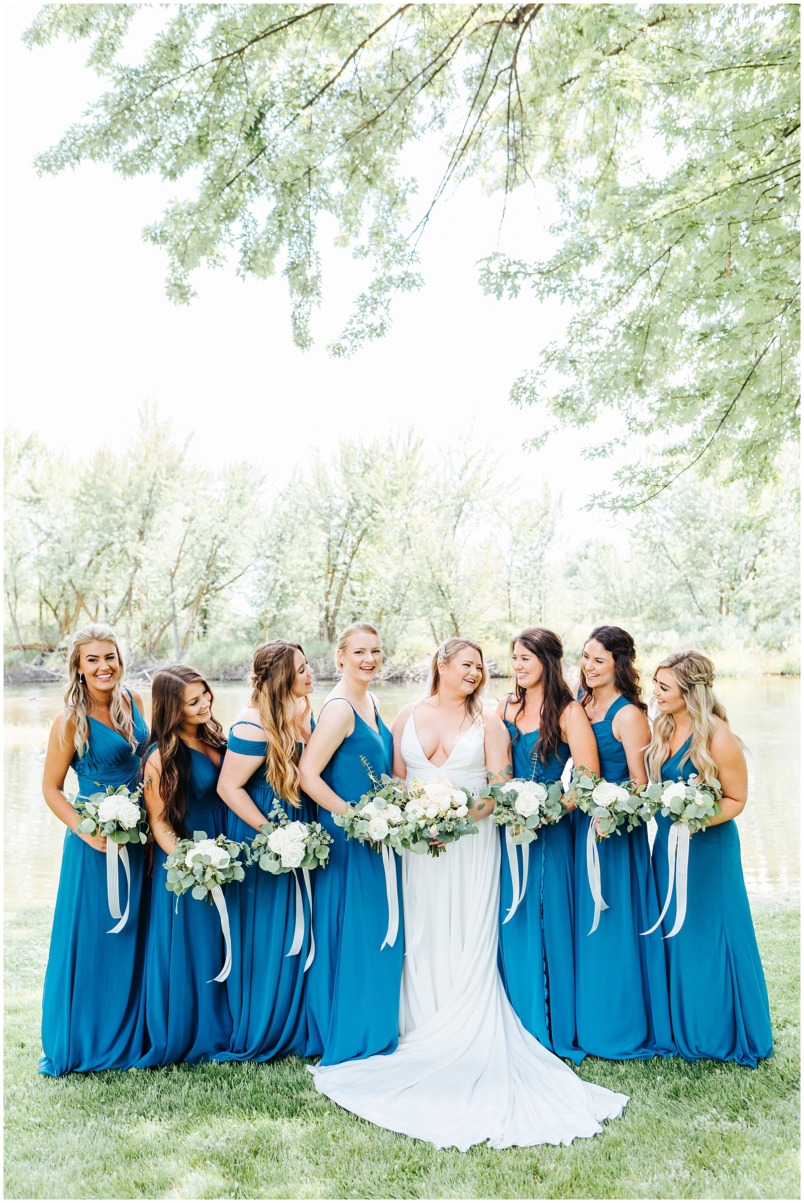 Bridesmaids in Teal at White Willow Estate Wedding along the Boise River