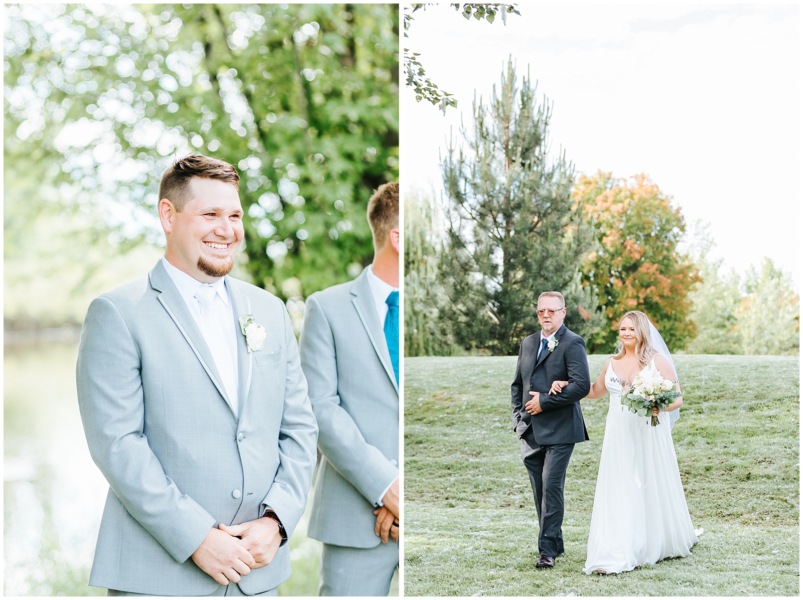Groom Smiling as his bride comes down the aisle at White Willow Estate Wedding