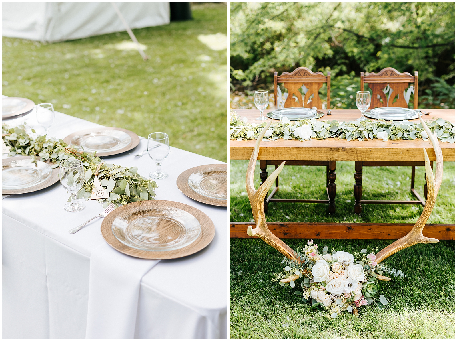 Outdoor rustic chic wedding details with antlers covered in florals, wood chargers, clear plates, and a rustic wood Sweetheart Table
