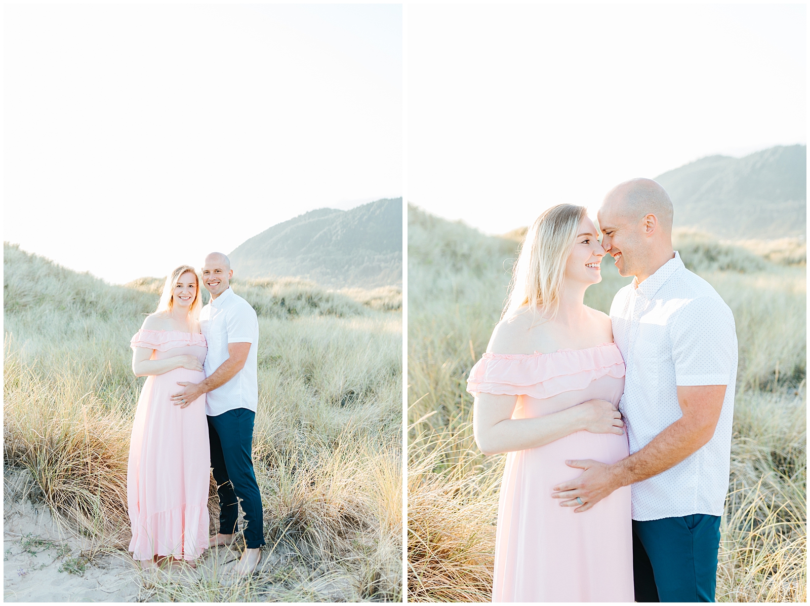 Oregon Coast Beach Maternity Session in Blush Dress in the Sand Dunes