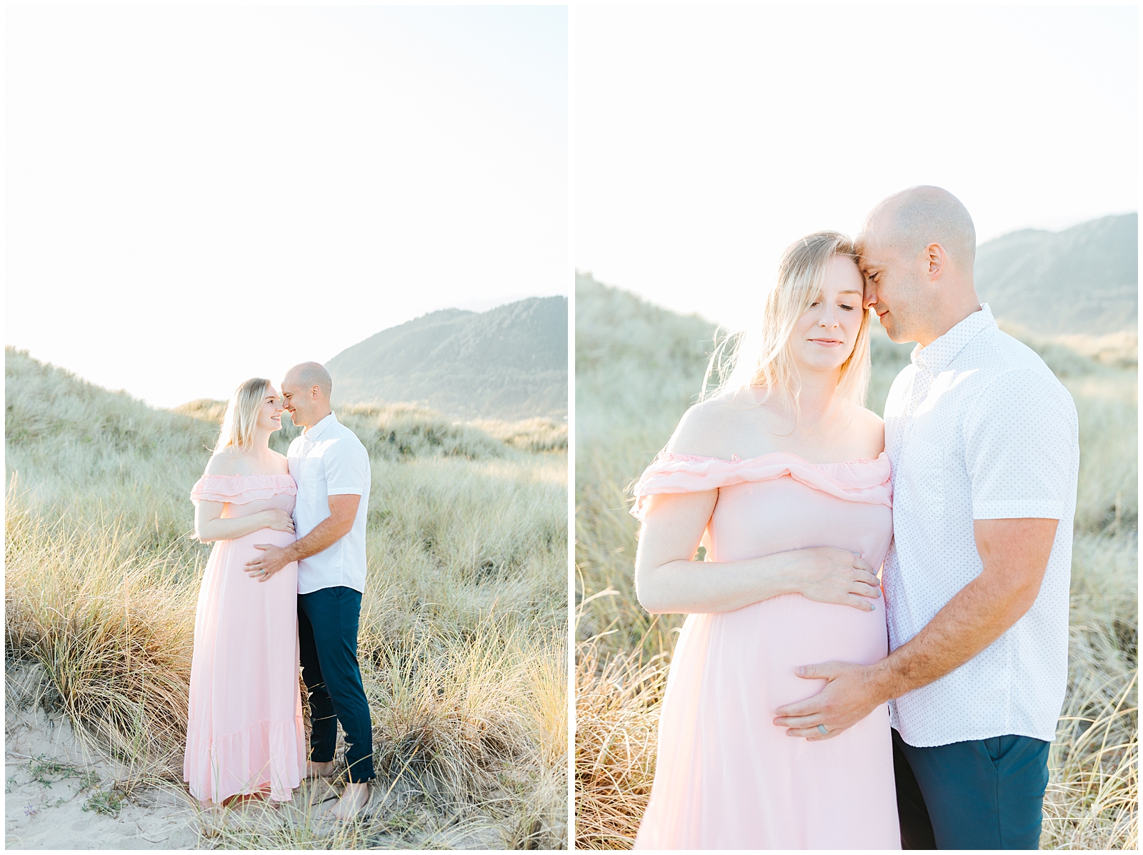 Beachy Maternity Destination Session along the Oregon Coast with a Blush Dress and Husband in Navy and White