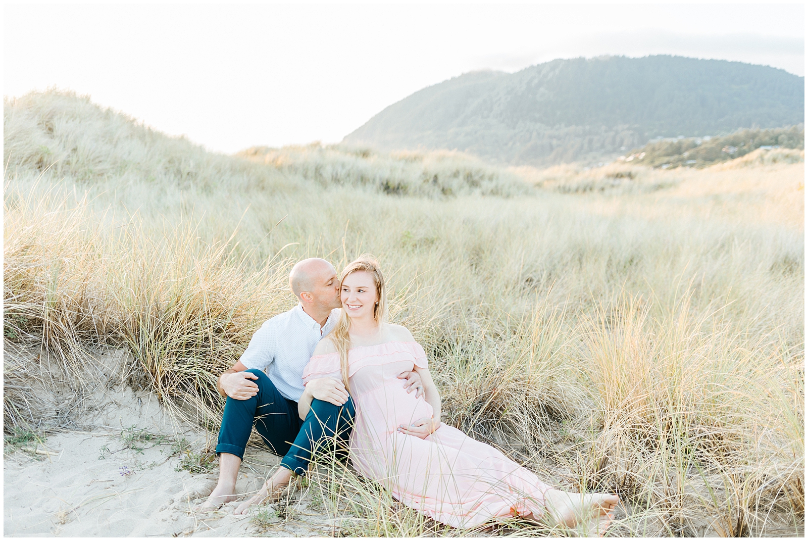 Oregon Coast Beach Maternity Session in the Sand Dunes at Golden Hour