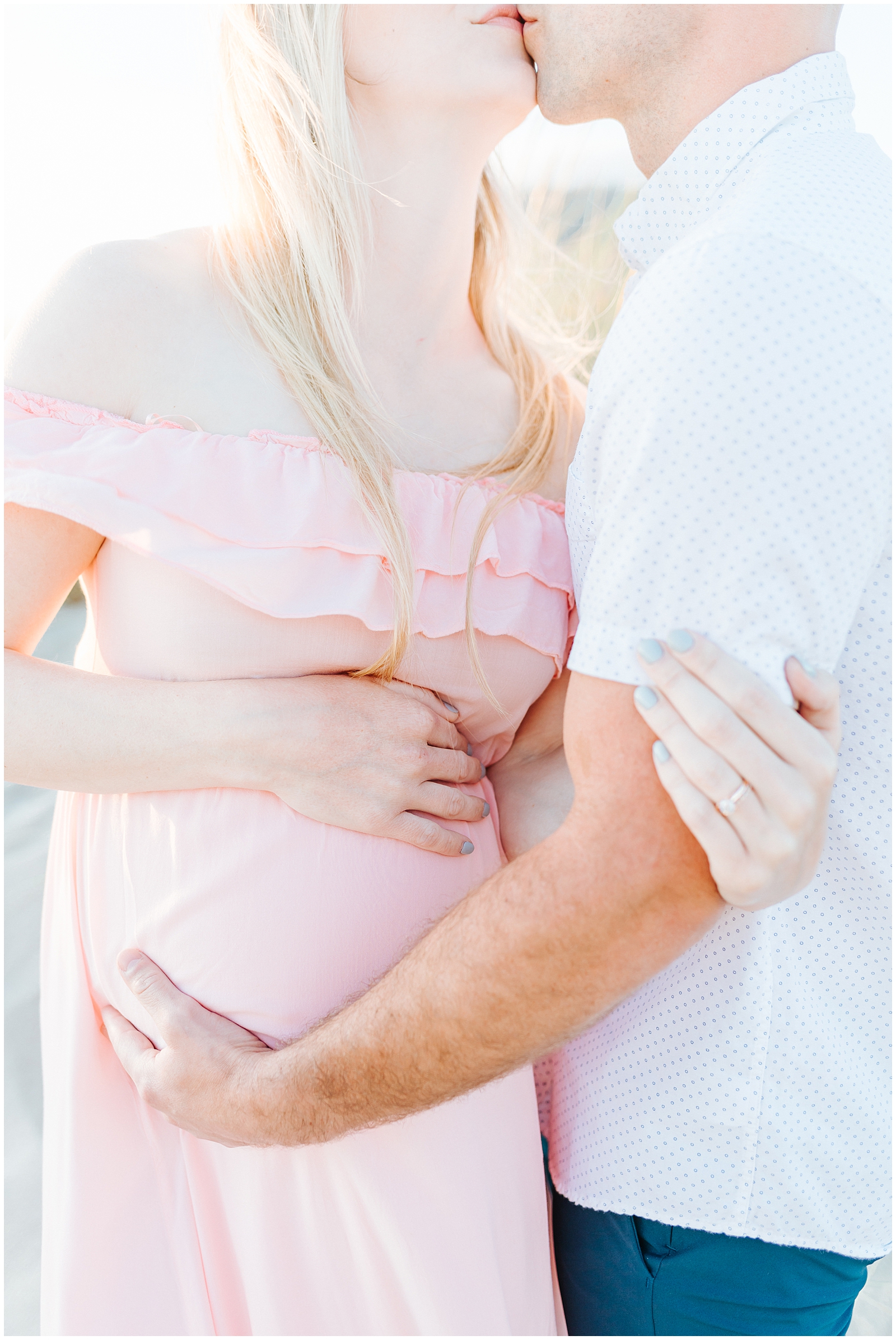Beachy Maternity Session Outfits with Ruffled Light Pink Dress and White and Navy