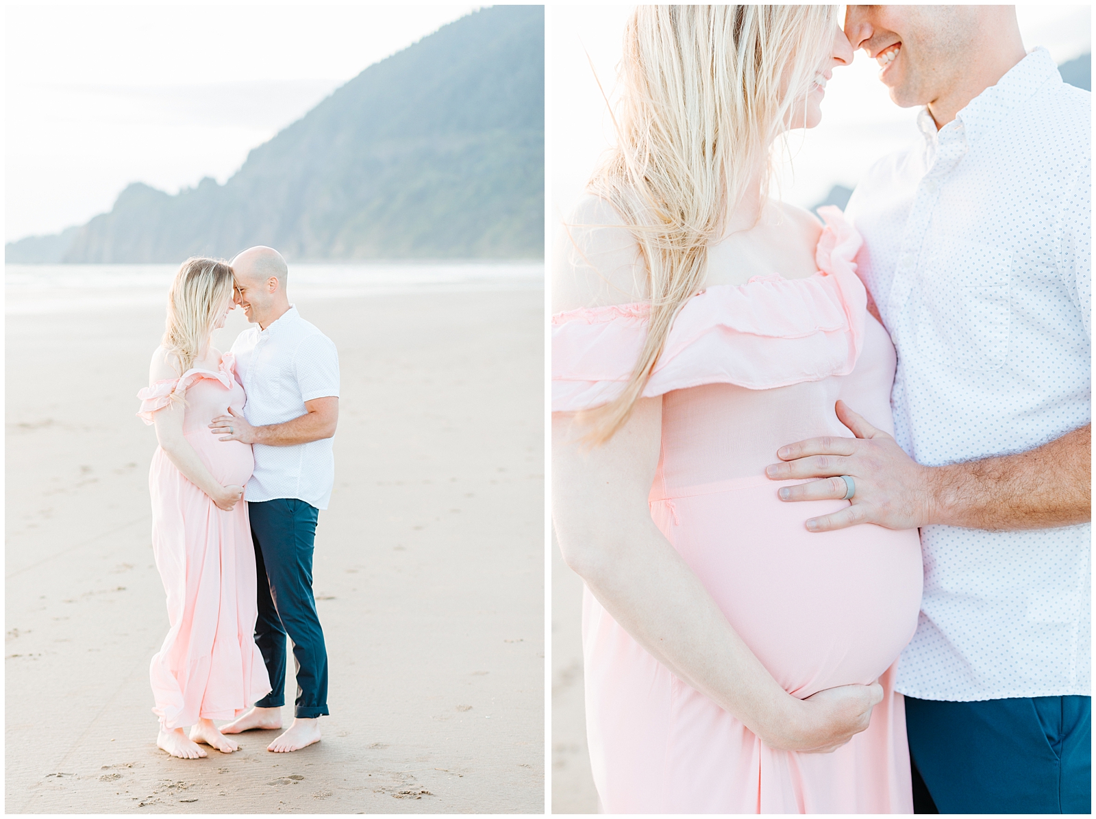 Oregon Coast Beach Maternity Session in Blush Dress and Navy 