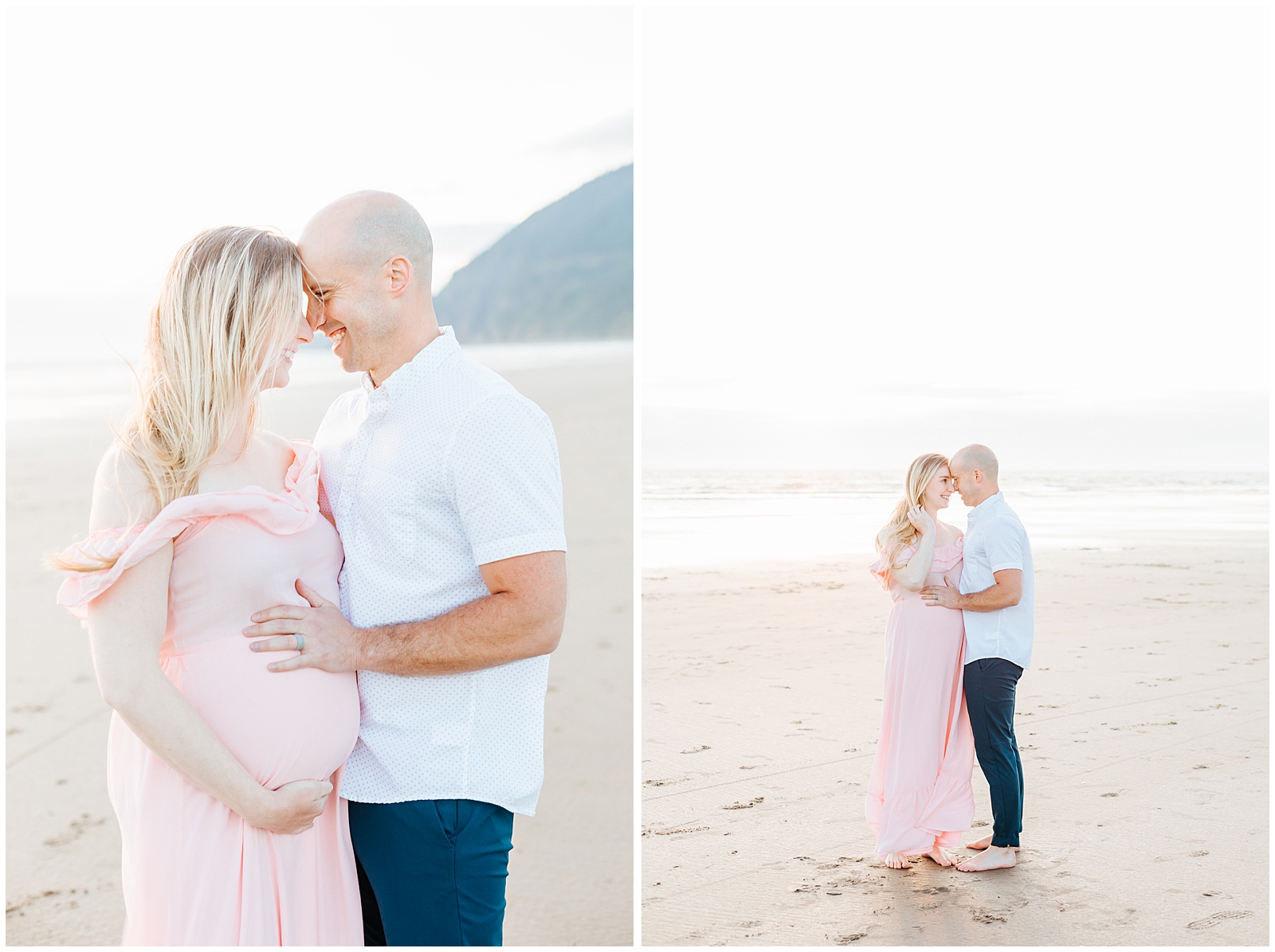 Dreamy Oregon Coast Beach Maternity Session at Golden Hour in Blush Dress