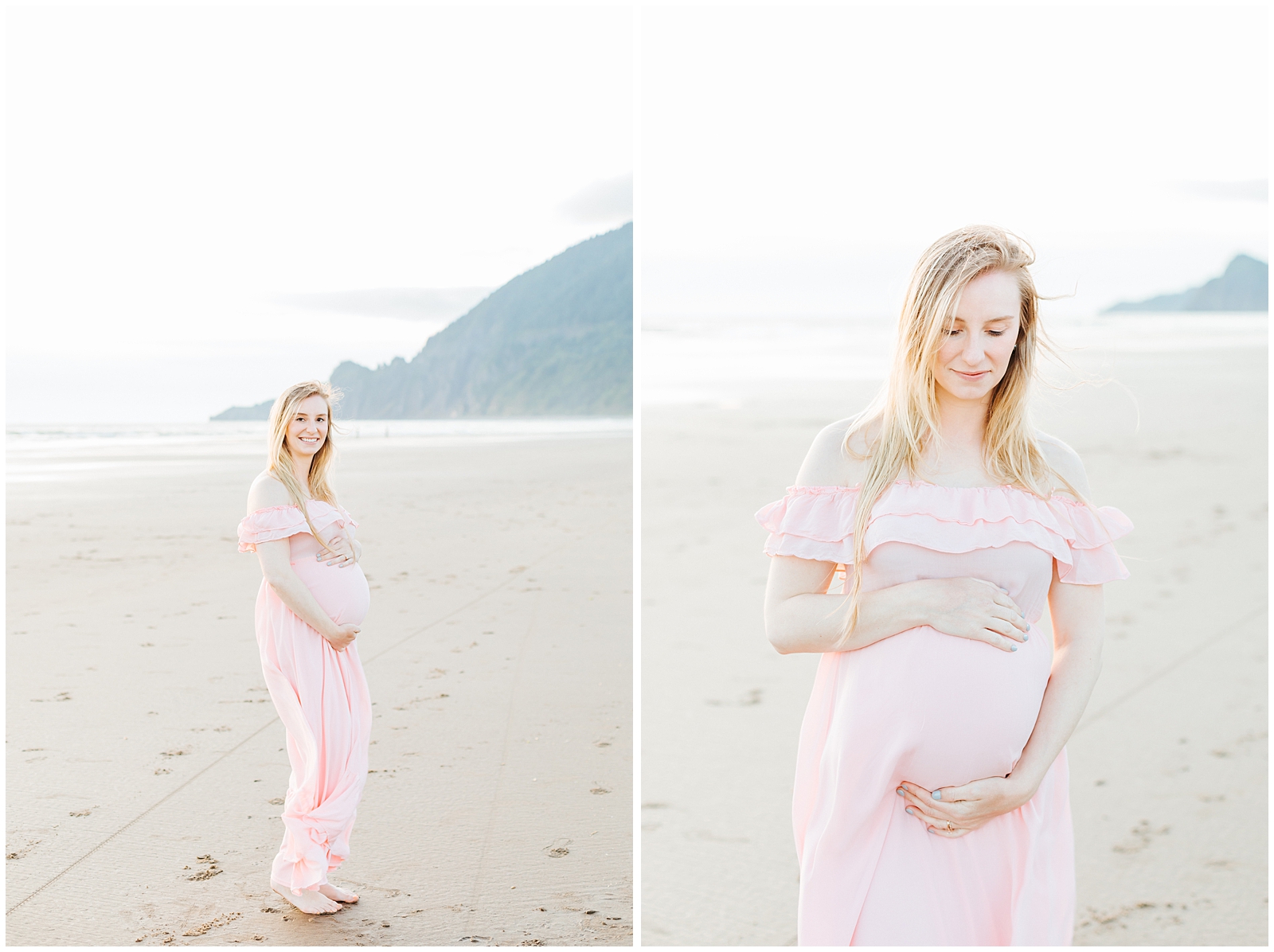 Mama to Be Oregon Coast Beach Maternity Session in flowy blush Dress