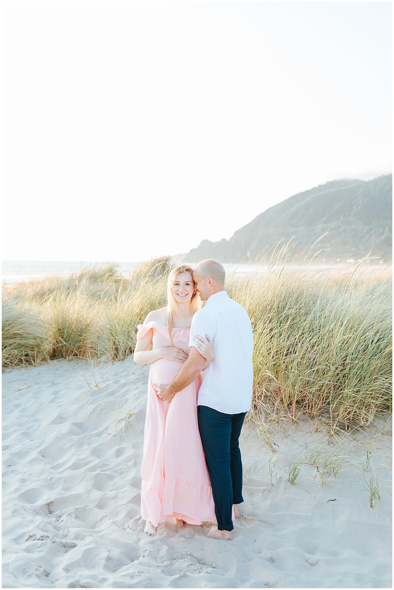 Oregon Coast Beach Maternity Session at Golden Hour in Blush Dress