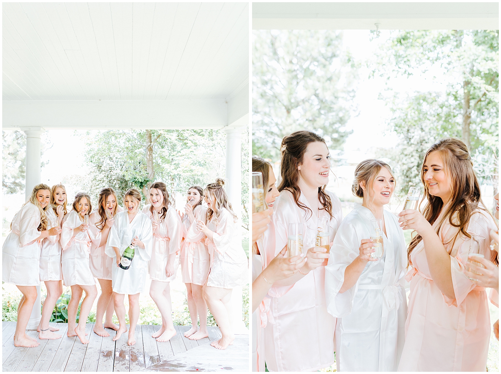 Fourth Street Gardens Wedding Bridesmaids in robes popping Champagne