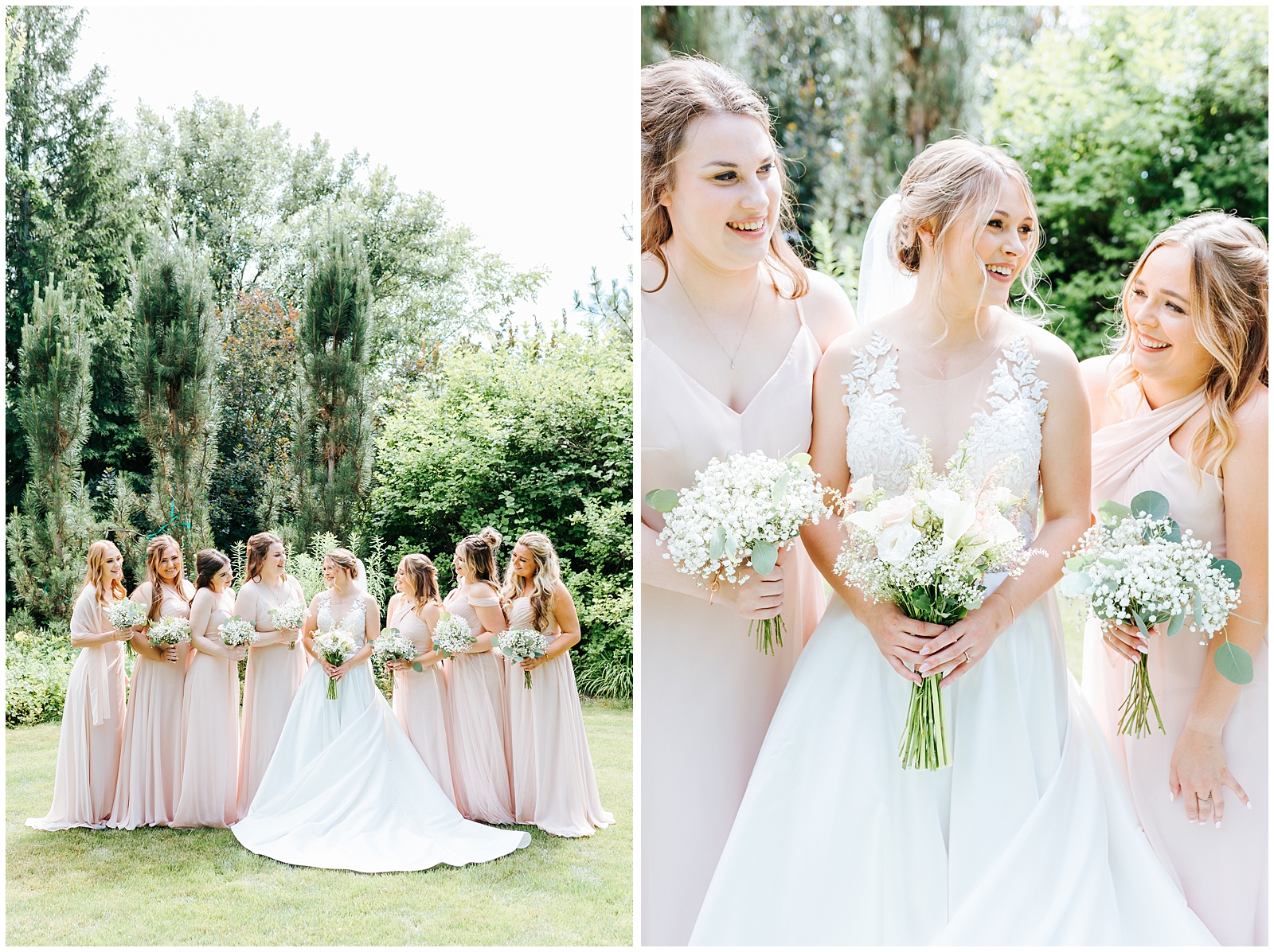 Bridesmaids in Blush dresses with Baby's Breath Bouquets