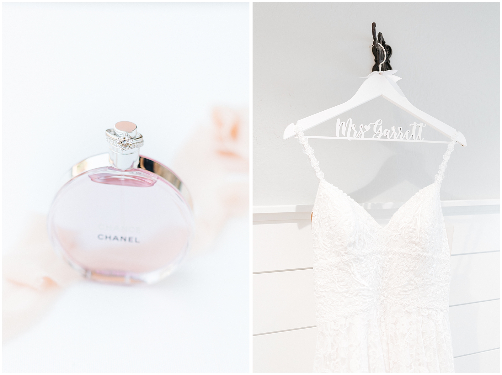 Bridal Details with Chanel Perfume Bottle and Custom Wedding Dress Hanger