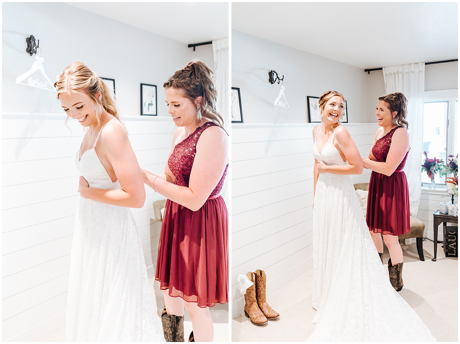 Bride getting into her dress with Maid of Honor at Fox Canyon Vineyards newly renovated Bridal Suite