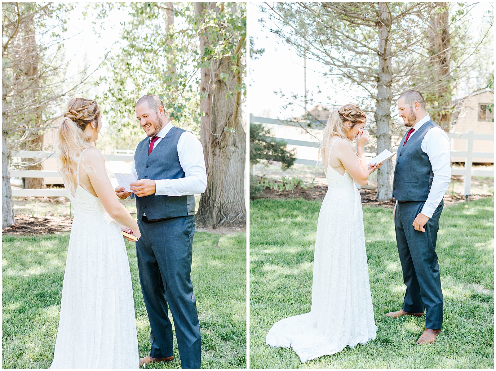 Bride and Groom Reading letters to each other during their First Look