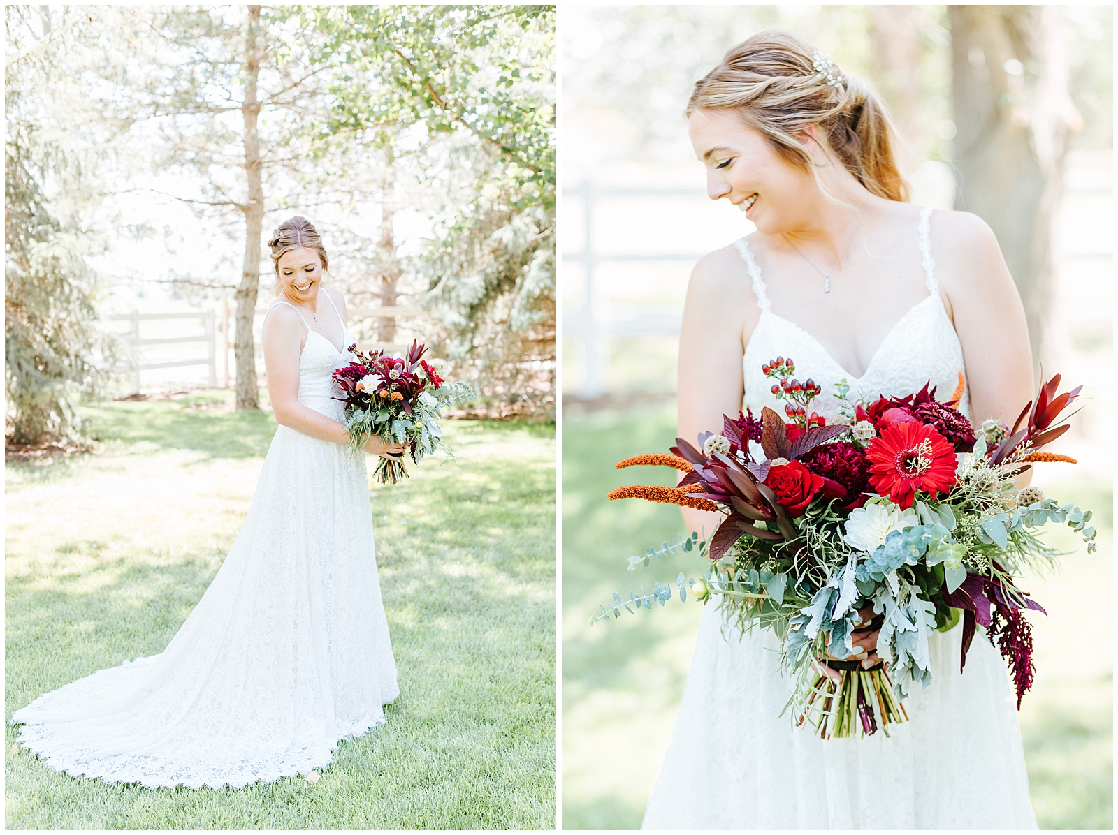 Bride Individual Portraits on her Wedding Day with Wine Red Bouquet